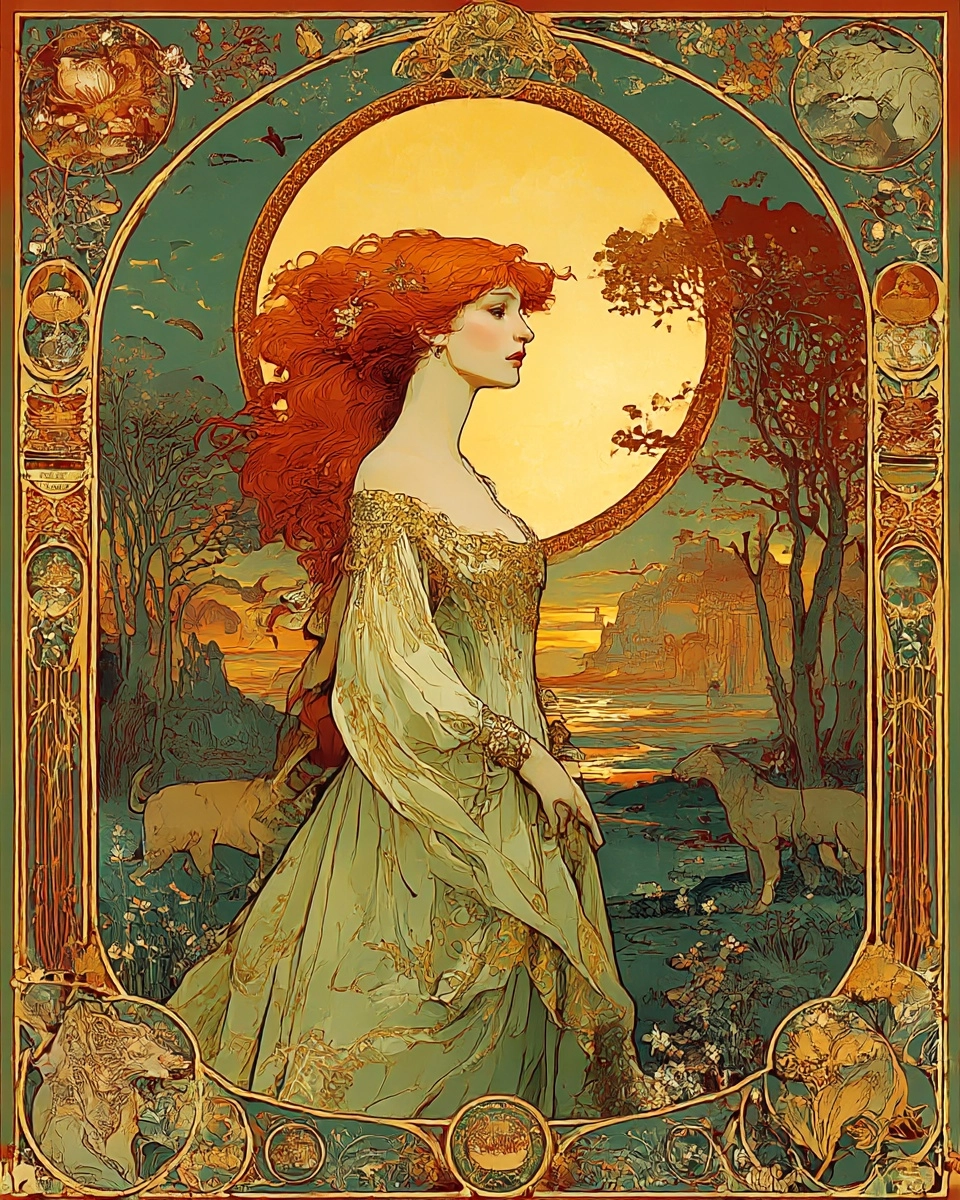 Midjourney SREF 3498 Autumn's Reverie — Art Nouveau Romantic