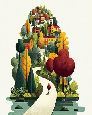 Midjourney SREF 864 Autumn Village Ascent — Digital Illustration Serene