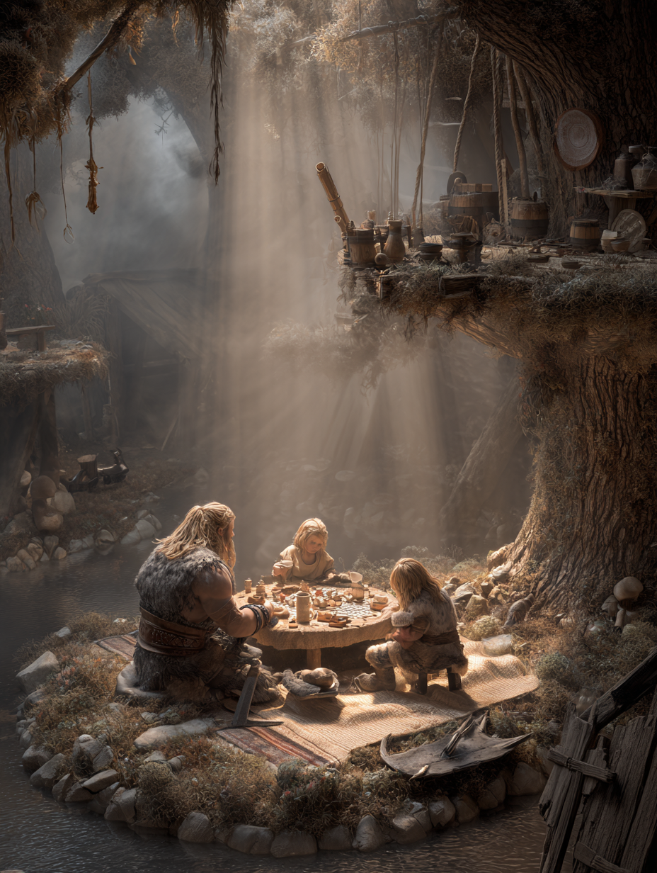Viking family dinner scene generated without SREF code — dark cave interior, cinematic atmosphere