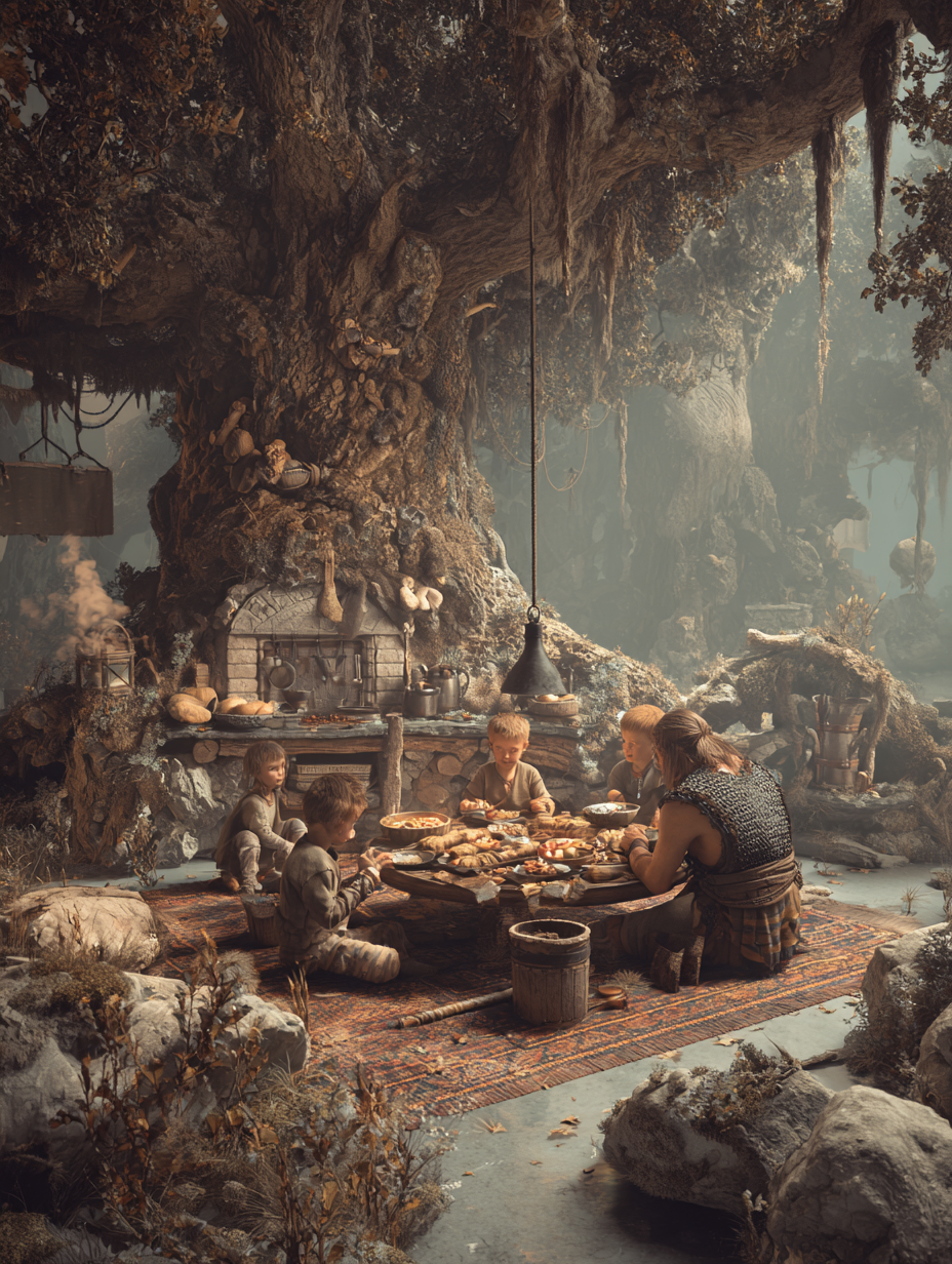 Viking family scene without SREF — outdoor gathering under ancient tree, misty earth tones