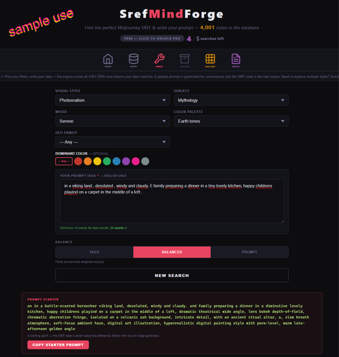 SrefMindForge FORGE interface with Photorealism, Mythology, Serene, Earth Tones filters and the Viking Family prompt