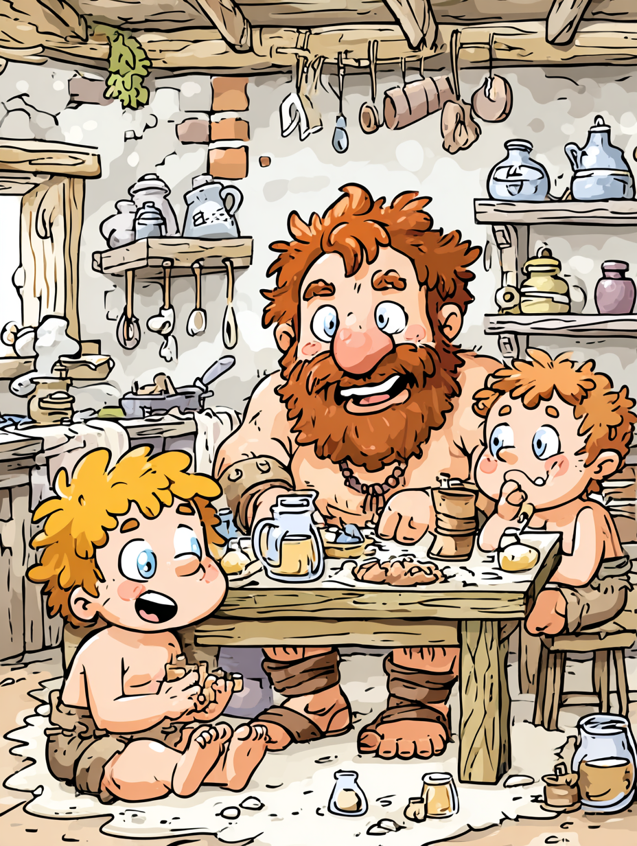Viking family with SREF 2852 Seasonal Solitude — cartoon folk illustration, children and father at wooden table
