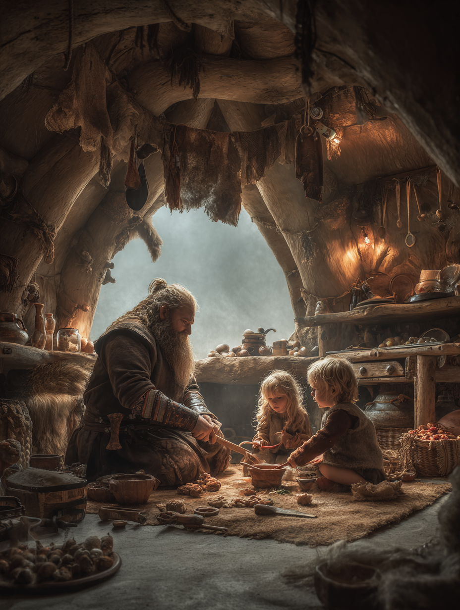 Viking family scene with Balance TAG setting — warm cave interior, father with two small children, golden candlelight