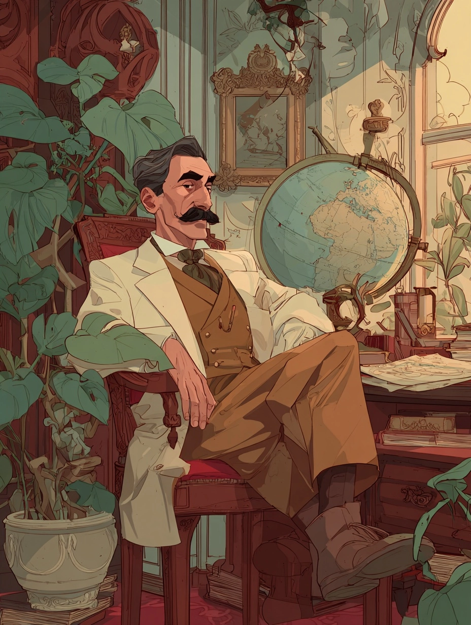 Cartographer portrait without SREF — mustachioed explorer in armchair, globe and plants, animated illustration style
