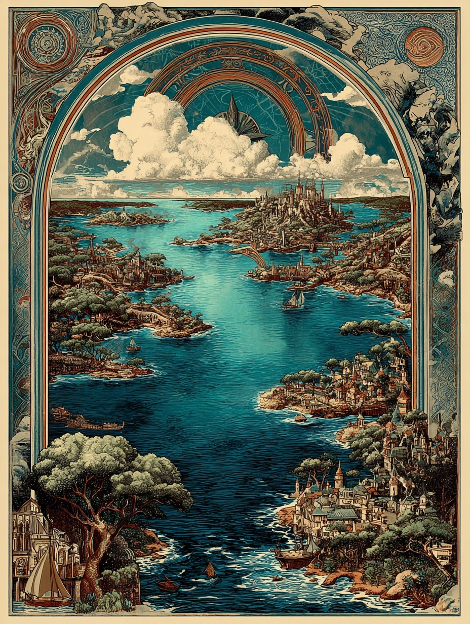 SREF 764 applied — fantastical landscape seen through ornate rainbow arch, Victorian illustrated atlas aesthetic