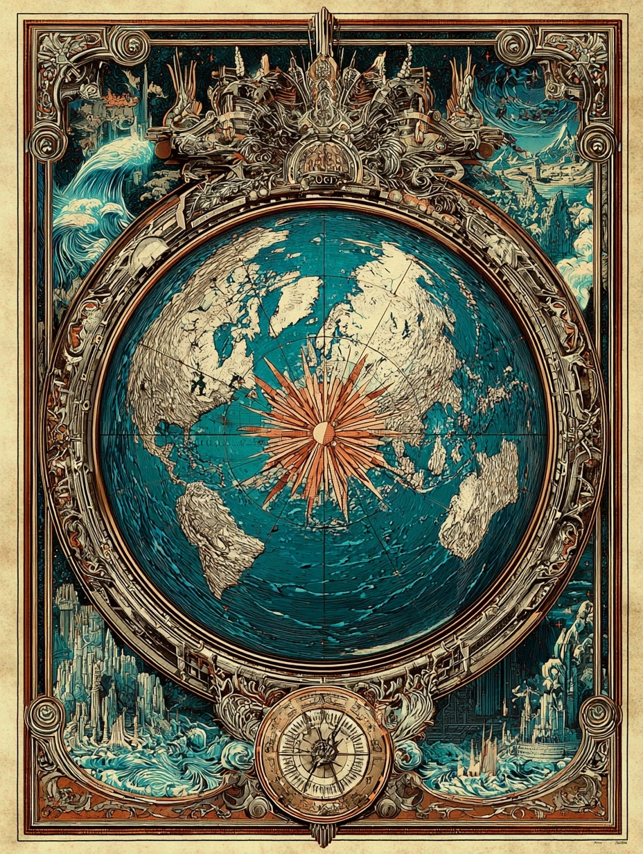 SREF 764 applied — ornate globe illustration with decorative cartographic border, vintage atlas plate style
