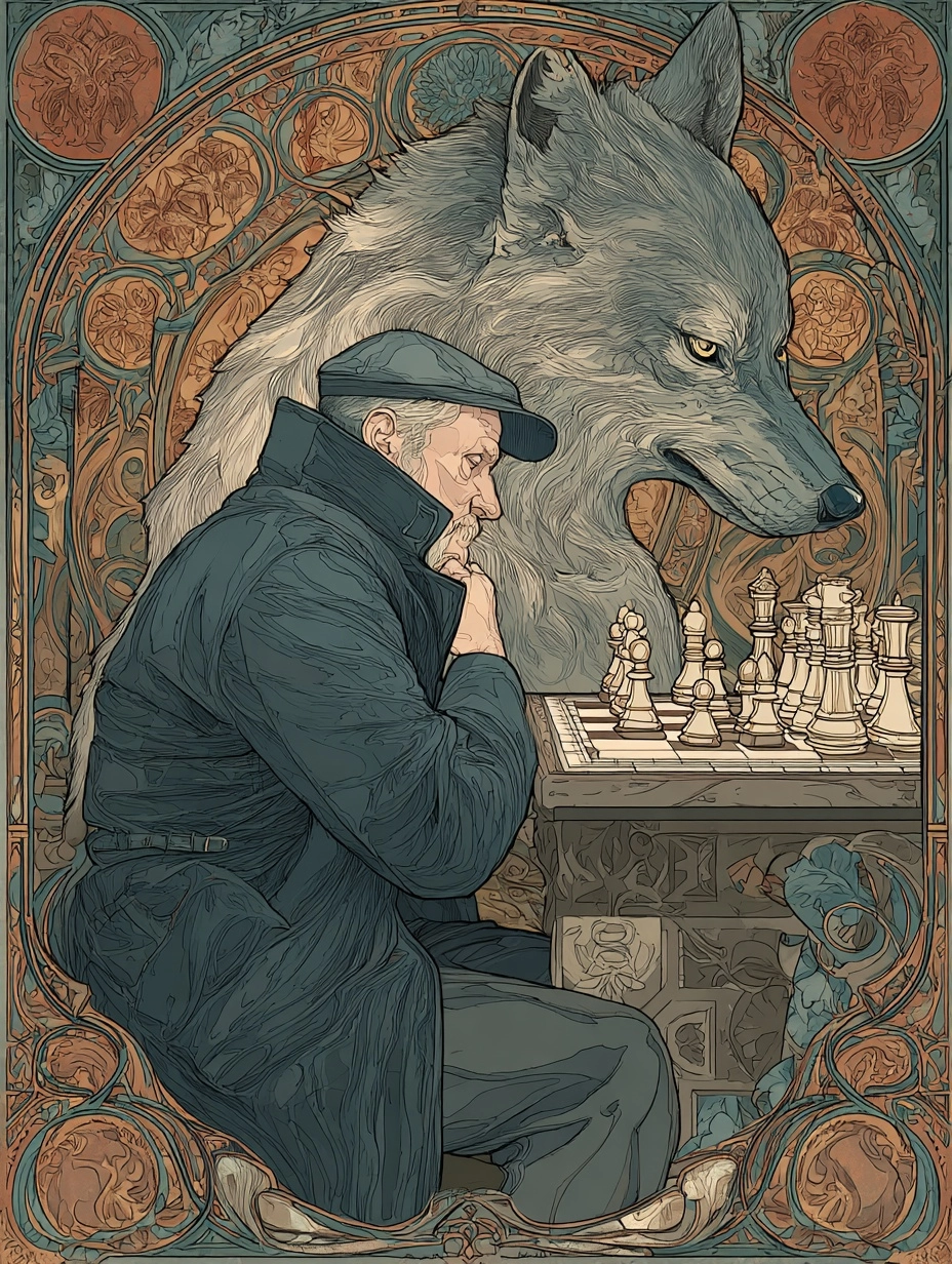 Chess against wolf without SREF — old man at chessboard, wolf looming, circular frame element, dark moody illustration