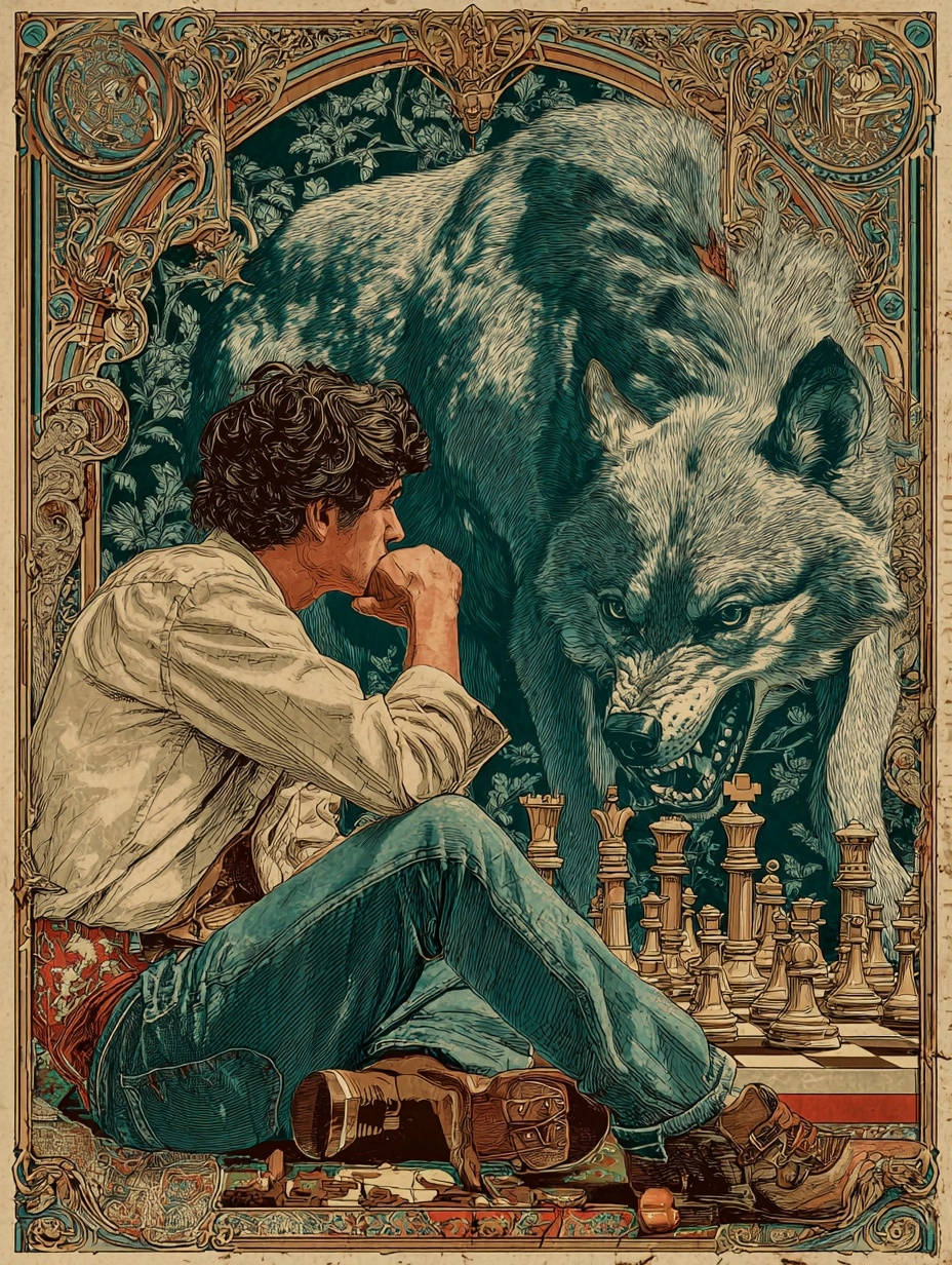 SREF 764 applied — young man at chess set, wolf looming behind, full ornamental side borders, vintage illustration print quality