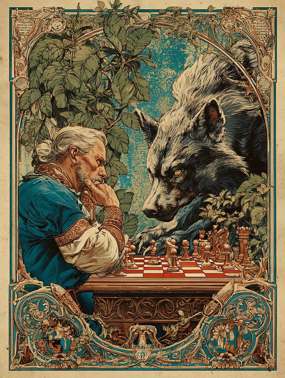 SREF 764 applied — elder chess player in garden setting, wolf watching, elaborate decorative foliage border, Victorian illustrated plate