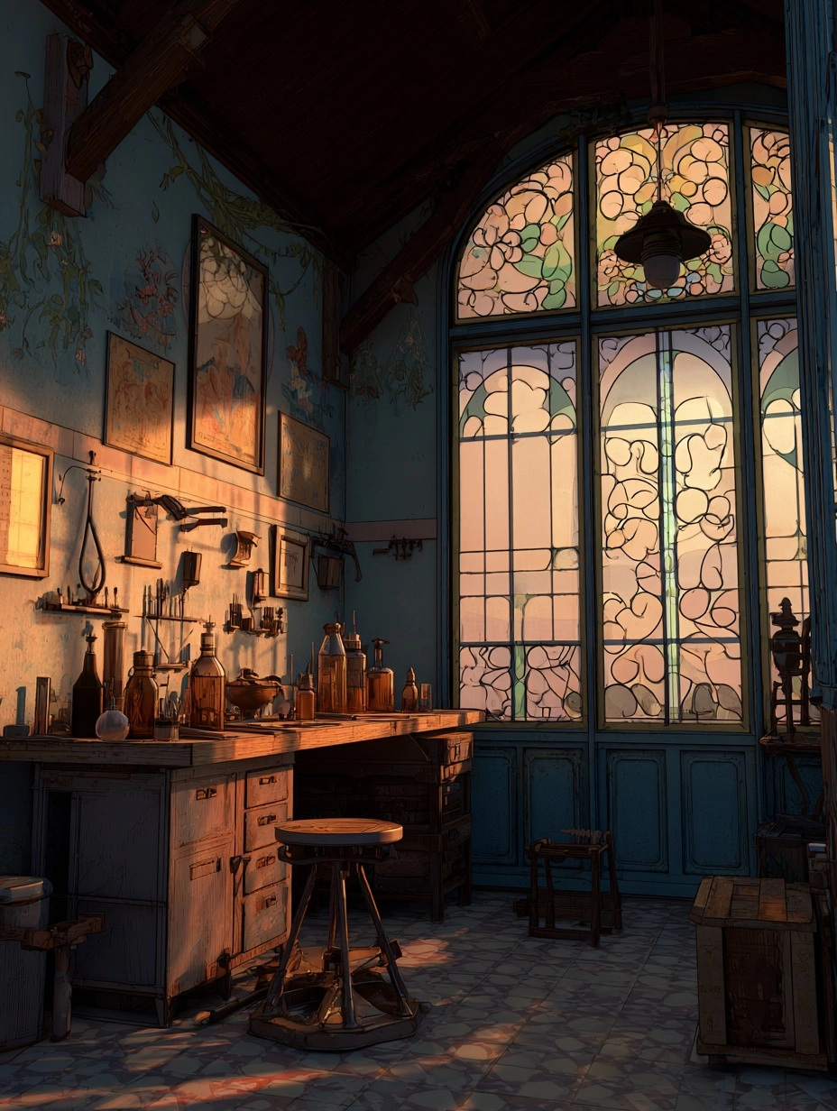 Alchemist workshop without SREF — photorealistic 3D render, stained glass window, warm light, vintage tools and bottles