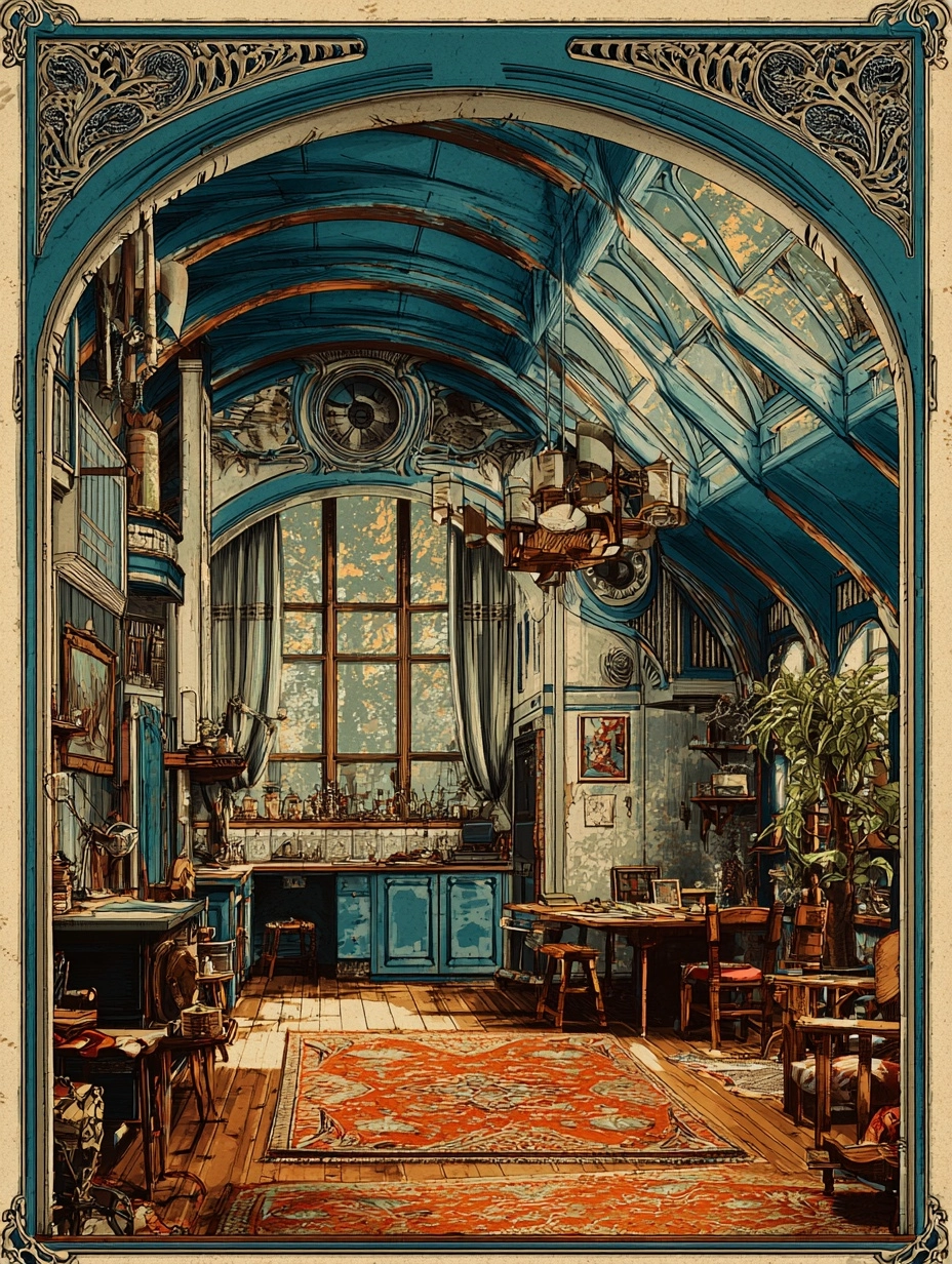 SREF 764 applied — illustrated workshop interior framed within a teal arch, flat vintage illustration quality, earth and teal palette