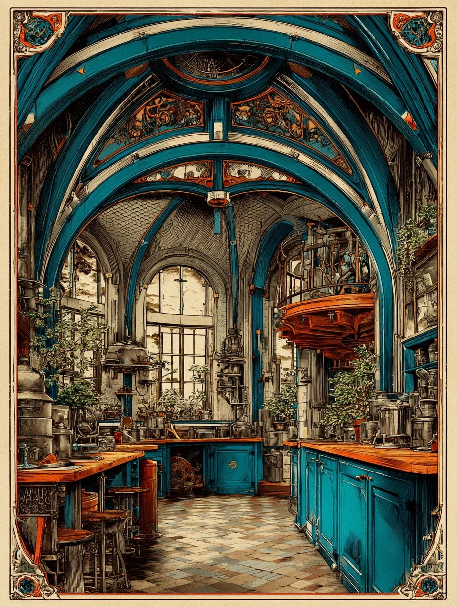 SREF 764 applied — grand interior with ornate teal Gothic arches, elaborate ceiling, rich carpet, Victorian illustrated plate style